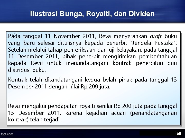 Ilustrasi Bunga, Royalti, dan Dividen Pada tanggal 11 November 2011, Reva menyerahkan draft buku