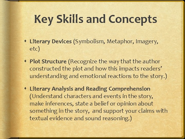 Key Skills and Concepts Literary Devices (Symbolism, Metaphor, Imagery, etc) Plot Structure (Recognize the
