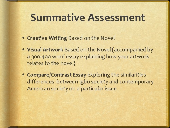 Summative Assessment Creative Writing Based on the Novel Visual Artwork Based on the Novel