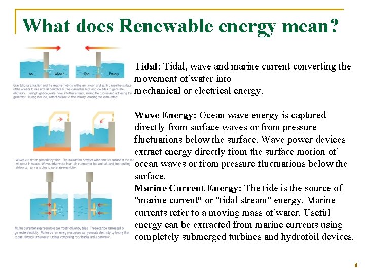 What does Renewable energy mean? Tidal: Tidal, wave and marine current converting the movement