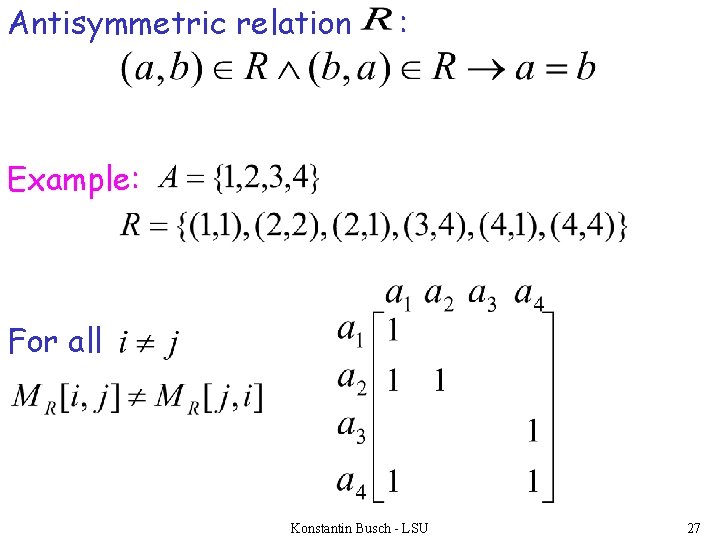 Antisymmetric relation : Example: For all Konstantin Busch - LSU 27 