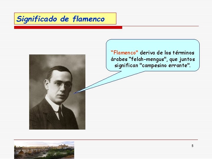 Significado de flamenco “Flamenco" deriva de los términos árabes “felah-mengus", que juntos significan "campesino