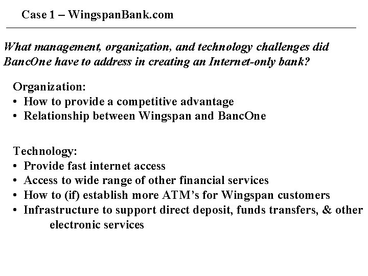 Case 1 – Wingspan. Bank. com What management, organization, and technology challenges did Banc.