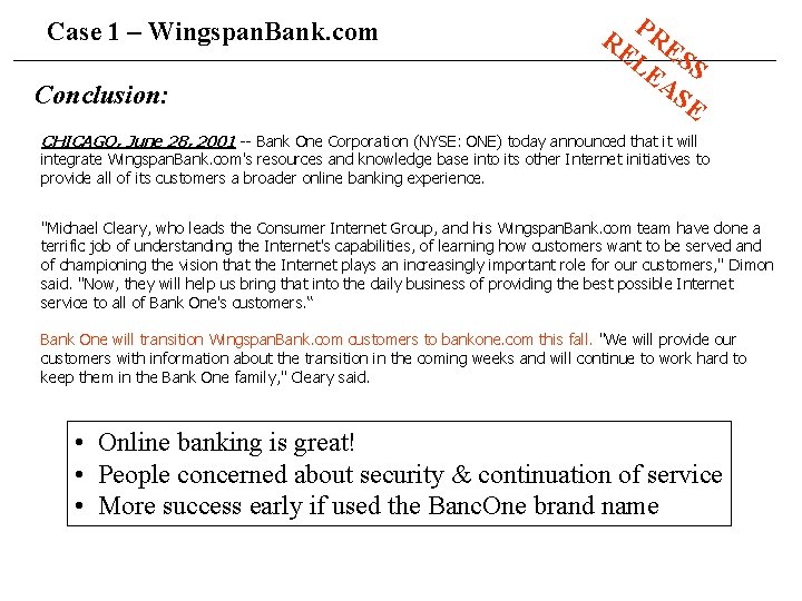 Case 1 – Wingspan. Bank. com Conclusion: P RE RE LE SS AS E