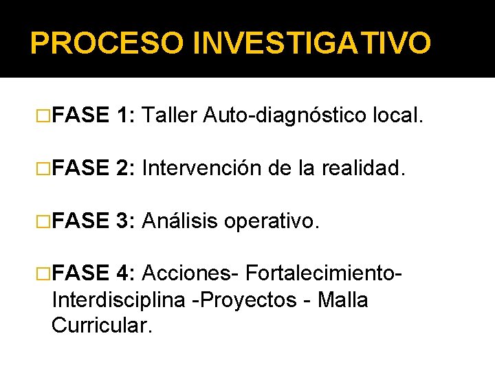 PROCESO INVESTIGATIVO �FASE 1: Taller Auto-diagnóstico local. �FASE 2: Intervención de la realidad. �FASE