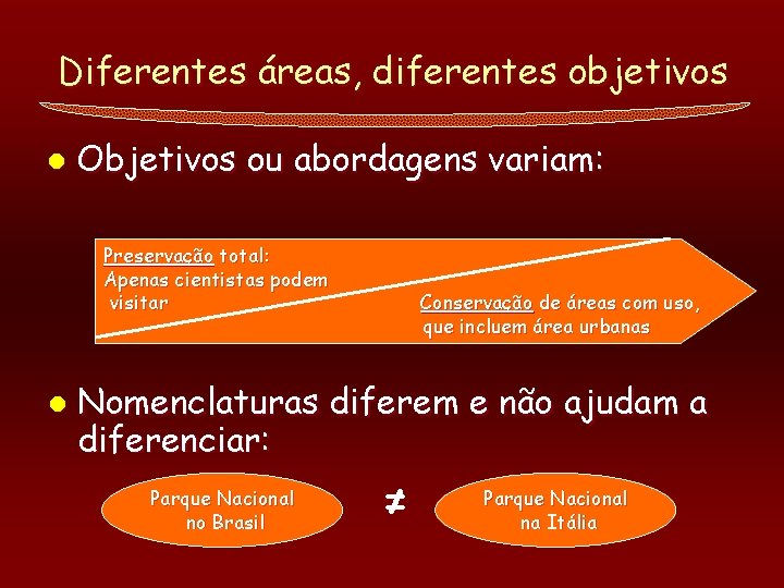 Diferentes áreas, diferentes objetivos l Objetivos ou abordagens variam: Preservação total: Apenas cientistas podem