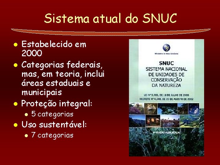 Sistema atual do SNUC l l l Estabelecido em 2000 Categorias federais, mas, em