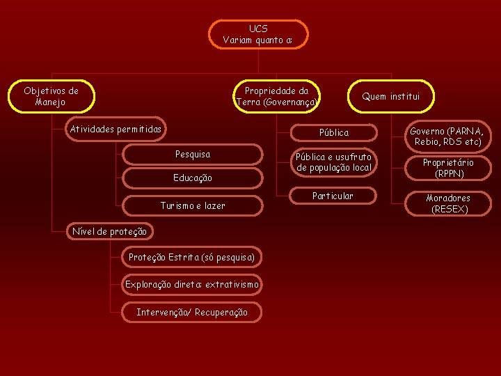 UCS Variam quanto a: Objetivos de Manejo Propriedade da Terra (Governança) Atividades permitidas Quem