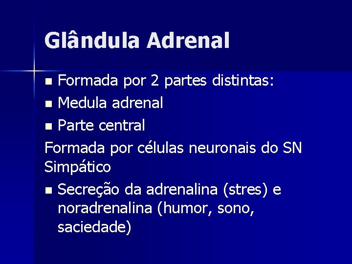 Glândula Adrenal Formada por 2 partes distintas: n Medula adrenal n Parte central Formada