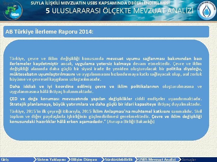 SUYLA İLİŞKİLİ MEVZUATIN USBS KAPSAMINDA DEĞERLENDİRİLMESİ 5 ULUSLARARASI ÖLÇEKTE MEVZUAT ANALİZİ AB Türkiye İlerleme