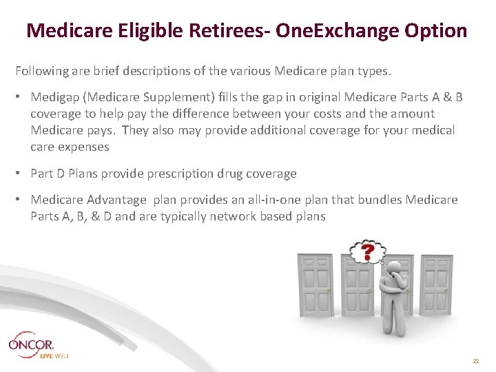 Medicare Eligible Retirees- One. Exchange Option Following are brief descriptions of the various Medicare