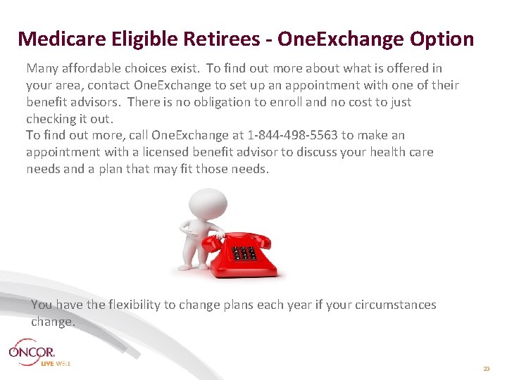 Medicare Eligible Retirees - One. Exchange Option Many affordable choices exist. To find out