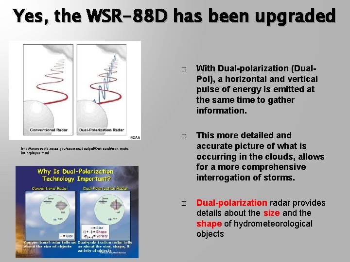 Yes, the WSR-88 D has been upgraded � With Dual-polarization (Dual. Pol), a horizontal