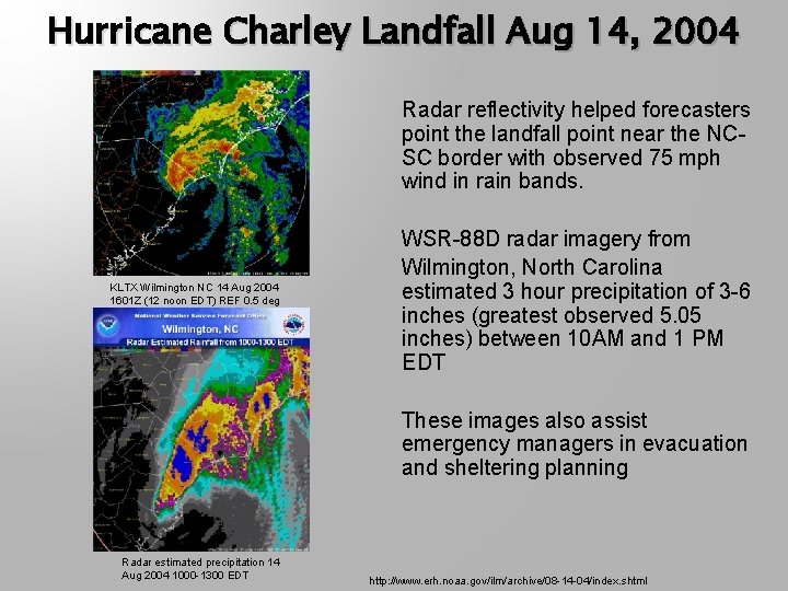 Hurricane Charley Landfall Aug 14, 2004 Radar reflectivity helped forecasters point the landfall point