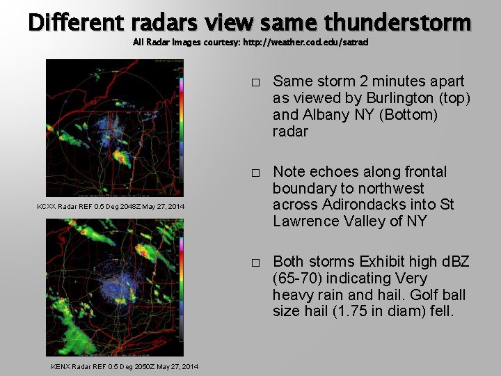 Different radars view same thunderstorm All Radar Images courtesy: http: //weather. cod. edu/satrad �