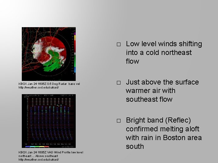 KBOX Jan 24 1605 Z 0. 5 Deg Radar base vel http: //weather. cod.