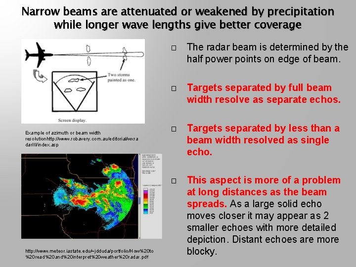 Narrow beams are attenuated or weakened by precipitation while longer wave lengths give better