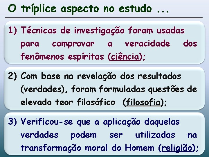 O tríplice aspecto no estudo. . . 1) Técnicas de investigação foram usadas para