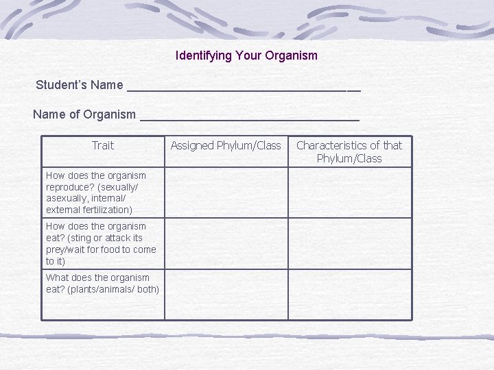 Identifying Your Organism Student’s Name _________________ Name of Organism ________________ Trait How does the