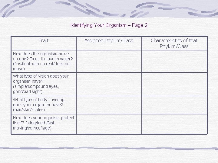 Identifying Your Organism – Page 2 Trait How does the organism move around? Does