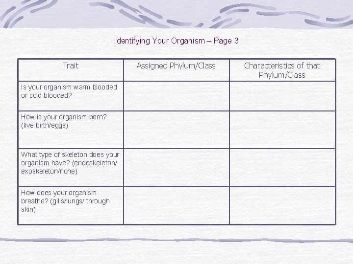 Identifying Your Organism – Page 3 Trait Is your organism warm blooded or cold