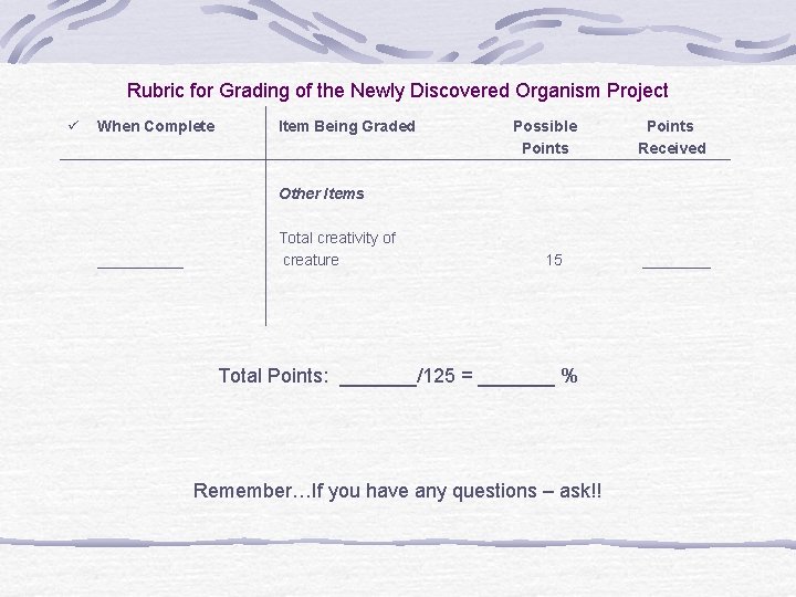 Rubric for Grading of the Newly Discovered Organism Project ü When Complete Item Being