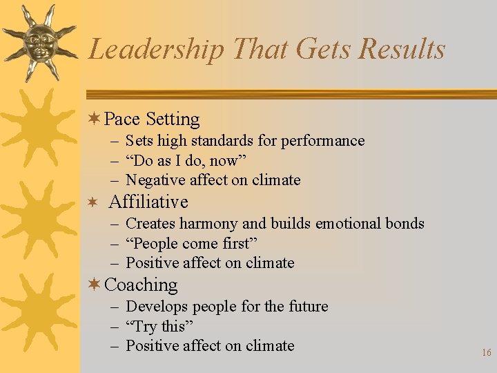 Leadership That Gets Results ¬ Pace Setting – Sets high standards for performance –