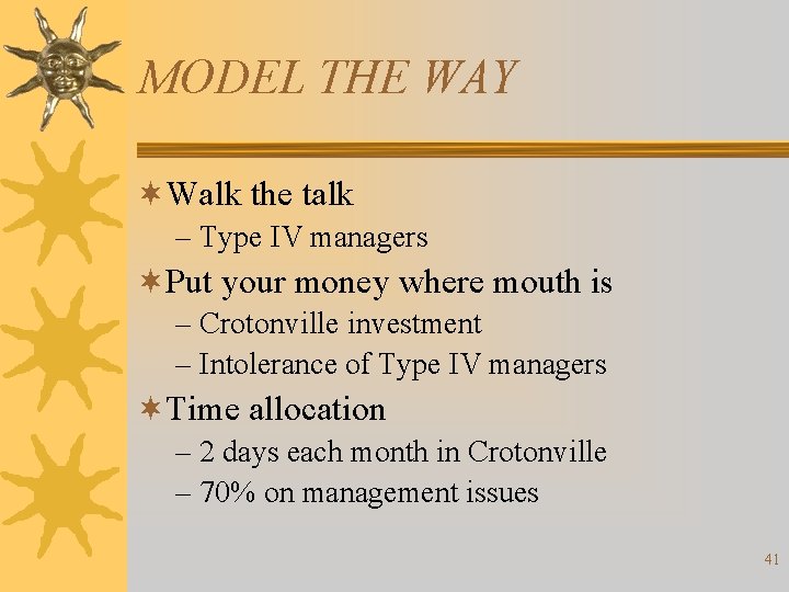 MODEL THE WAY ¬Walk the talk – Type IV managers ¬Put your money where