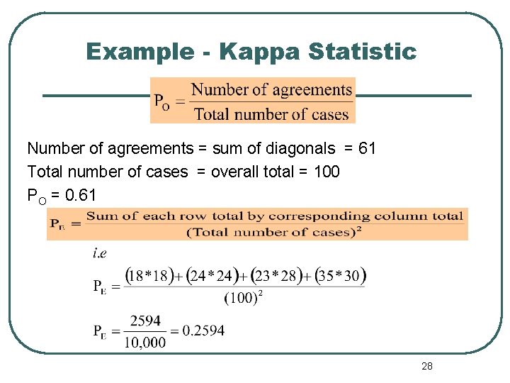 Example - Kappa Statistic Number of agreements = sum of diagonals = 61 Total