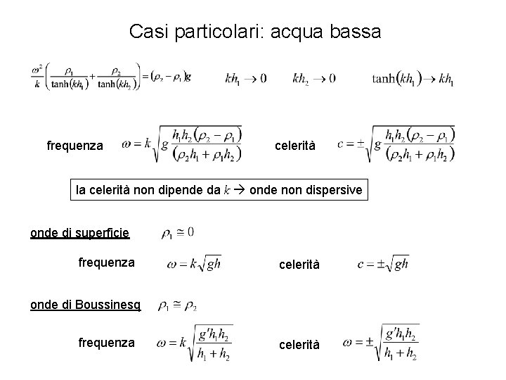 Casi particolari: acqua bassa frequenza celerità la celerità non dipende da k onde non