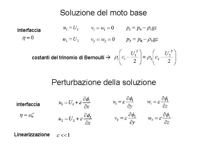 Soluzione del moto base interfaccia costanti del trinomio di Bernoulli Perturbazione della soluzione interfaccia