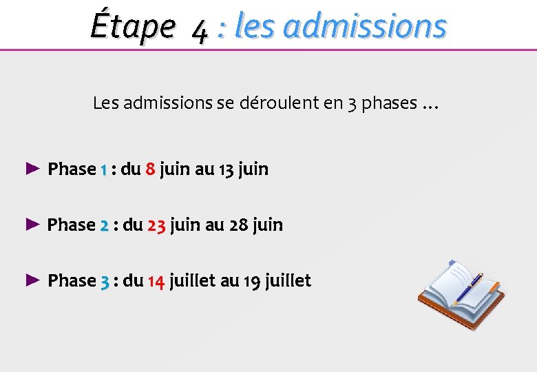 Étape 4 : les admissions Les admissions se déroulent en 3 phases … ►