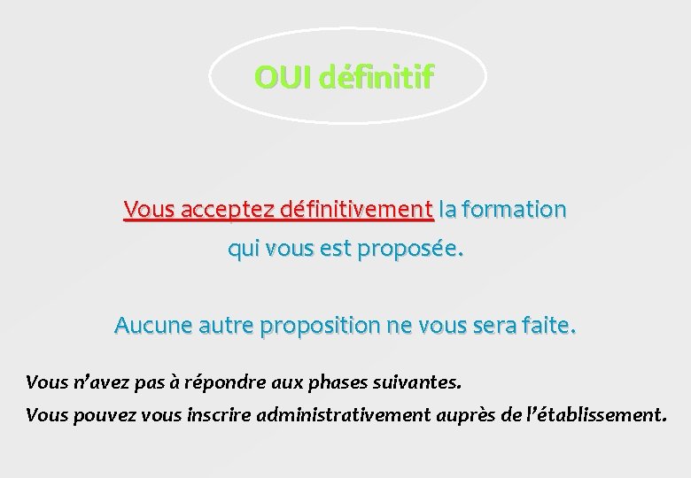 OUI définitif Vous acceptez définitivement la formation qui vous est proposée. Aucune autre proposition