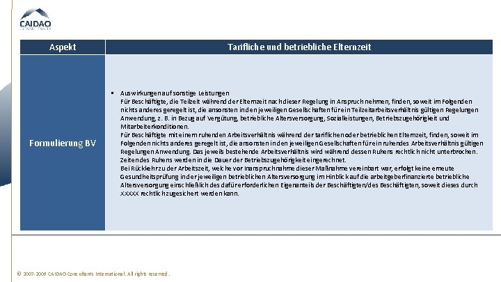 Aspekt Tarifliche und betriebliche Elternzeit Formulierung BV § Auswirkungen auf sonstige Leistungen Für Beschäftigte,