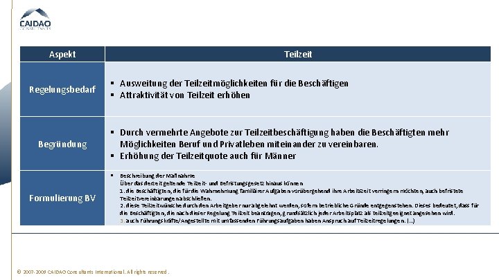 Aspekt Regelungsbedarf Begründung Teilzeit § Ausweitung der Teilzeitmöglichkeiten für die Beschäftigen § Attraktivität von