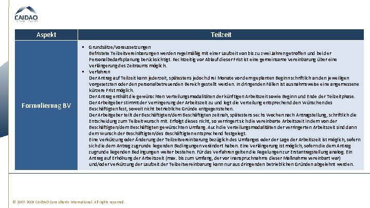 Aspekt Teilzeit Formulierung BV § Grundsätze/Voraussetzungen Befristete Teilzeitvereinbarungen werden regelmäßig mit einer Laufzeit von