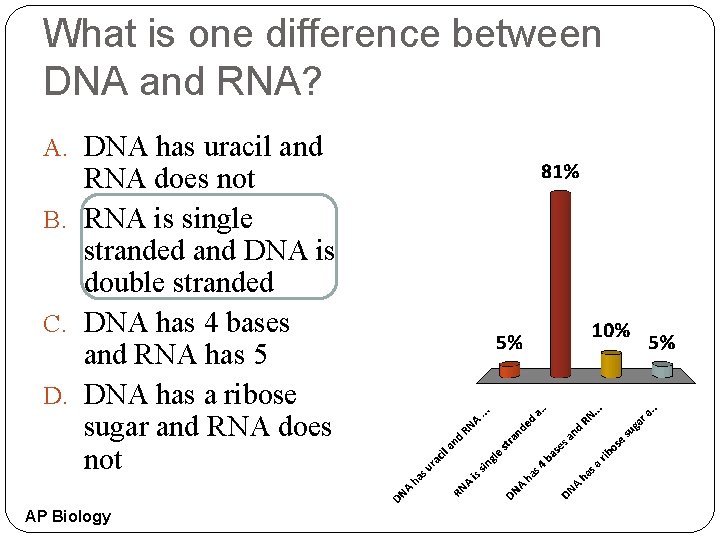 What is one difference between DNA and RNA? A. DNA has uracil and RNA