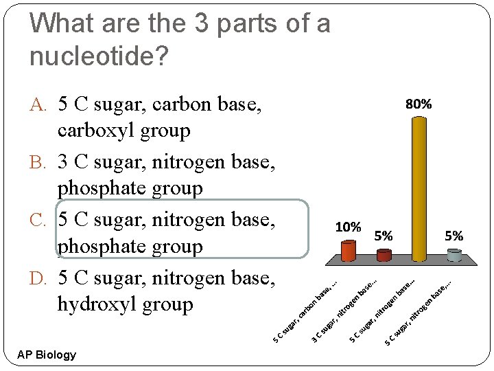 What are the 3 parts of a nucleotide? A. 5 C sugar, carbon base,