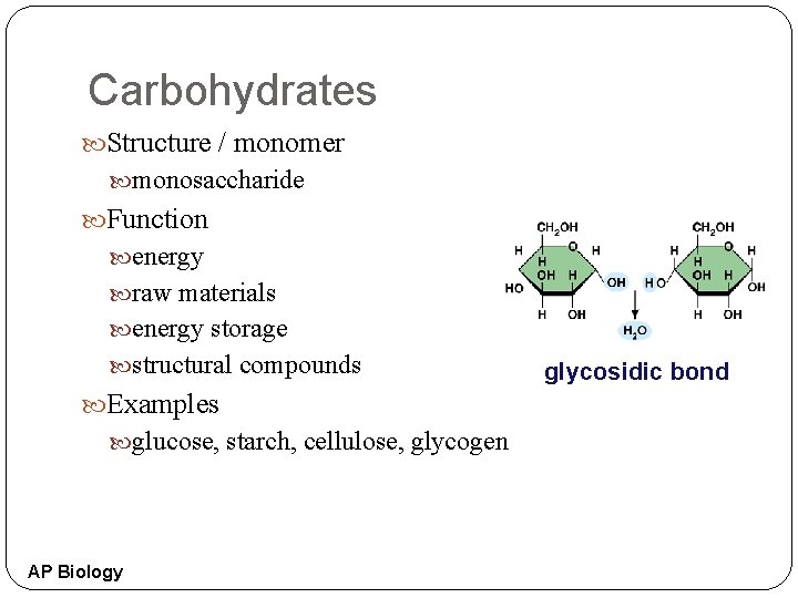 Carbohydrates Structure / monomer monosaccharide Function energy raw materials energy storage structural compounds Examples