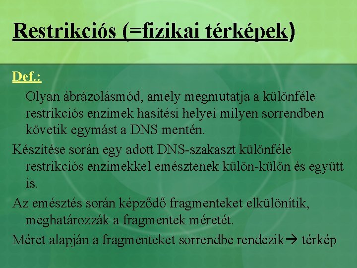 Restrikciós (=fizikai térképek) Def. : Olyan ábrázolásmód, amely megmutatja a különféle restrikciós enzimek hasítési