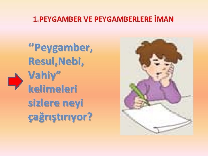 1. PEYGAMBER VE PEYGAMBERLERE İMAN ‘’Peygamber, Resul, Nebi, Vahiy” kelimeleri sizlere neyi çağrıştırıyor? 