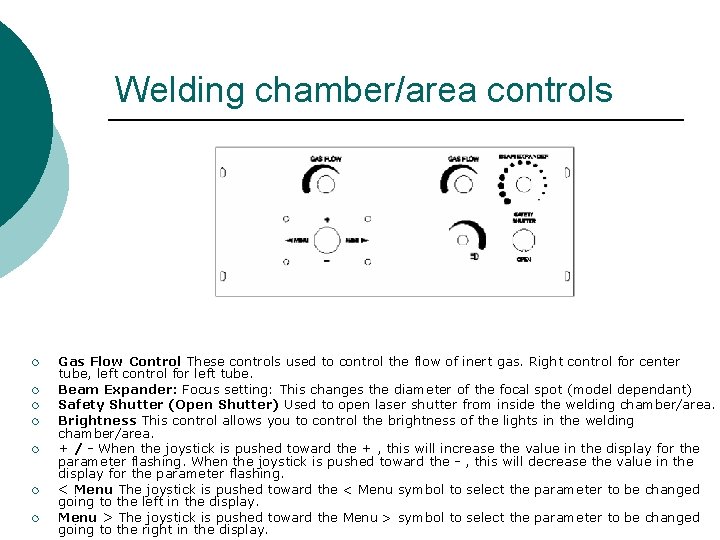 Welding chamber/area controls ¡ ¡ ¡ ¡ Gas Flow Control These controls used to