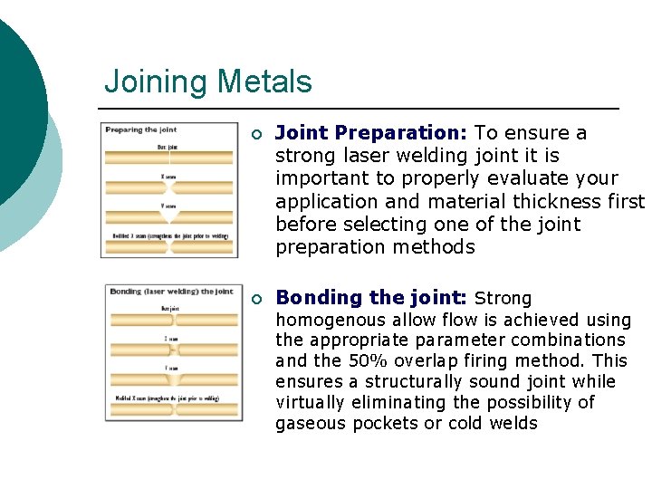 Joining Metals ¡ Joint Preparation: To ensure a strong laser welding joint it is