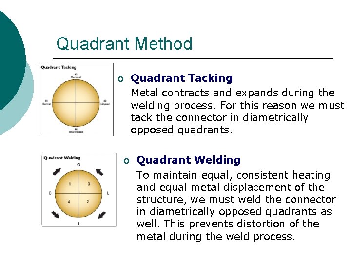 Quadrant Method ¡ ¡ Quadrant Tacking Metal contracts and expands during the welding process.