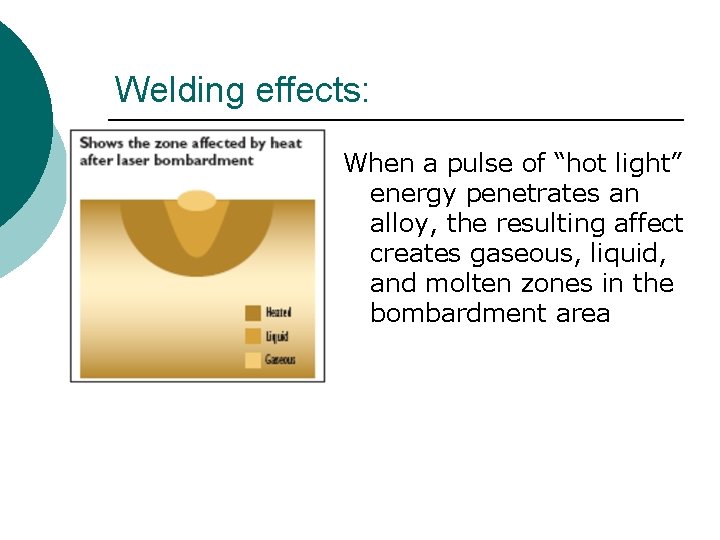 Welding effects: When a pulse of “hot light” energy penetrates an alloy, the resulting