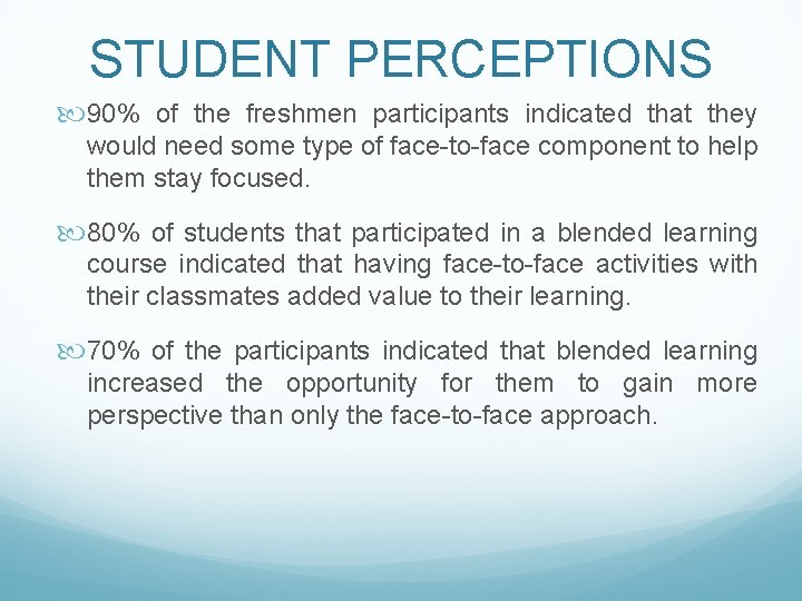 STUDENT PERCEPTIONS 90% of the freshmen participants indicated that they would need some type