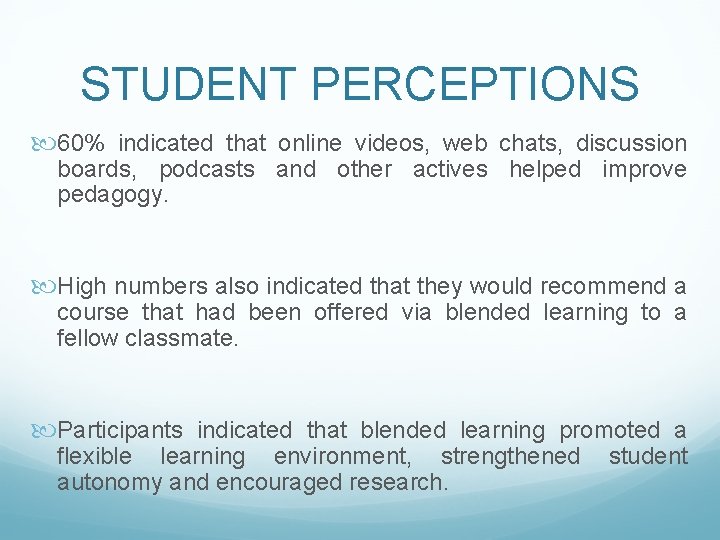 STUDENT PERCEPTIONS 60% indicated that online videos, web chats, discussion boards, podcasts and other