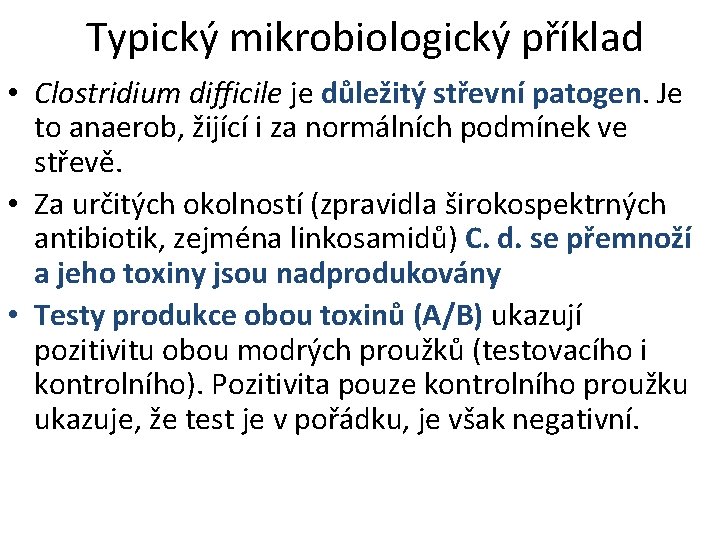 Typický mikrobiologický příklad • Clostridium difficile je důležitý střevní patogen. Je to anaerob, žijící