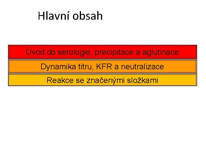 Hlavní obsah Úvod do serologie, precipitace a aglutinace Dynamika titru, KFR a neutralizace Reakce