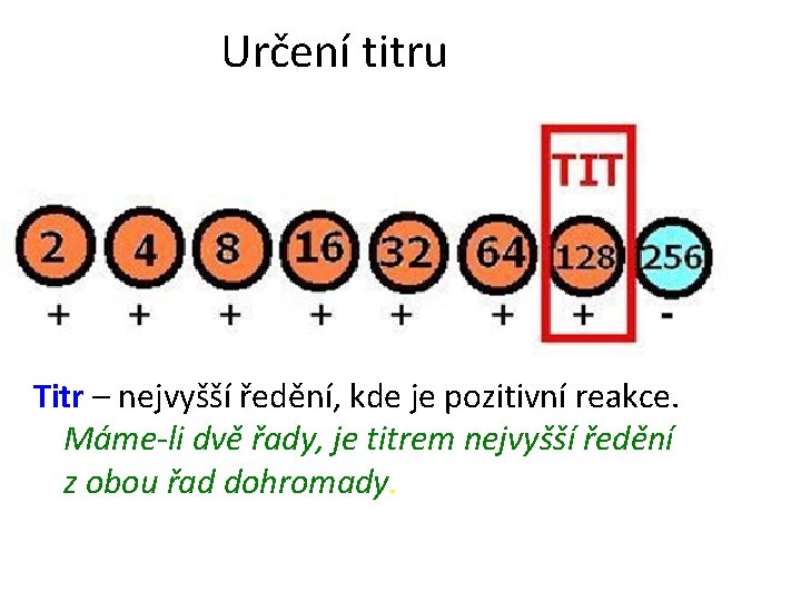 Určení titru Titr – nejvyšší ředění, kde je pozitivní reakce. Máme-li dvě řady, je